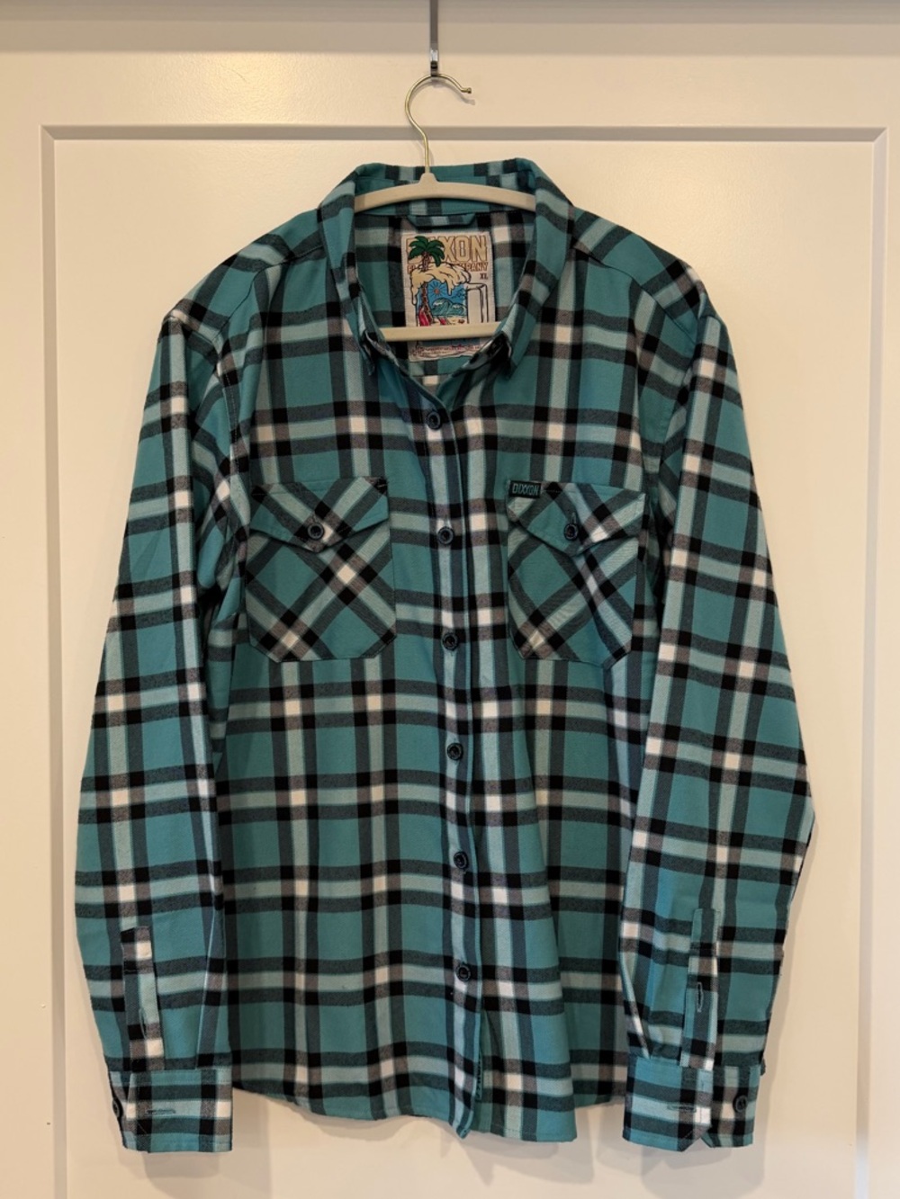 DIXXON EUC “Cancun” Teal and Black Plaid Button-Down Shirt